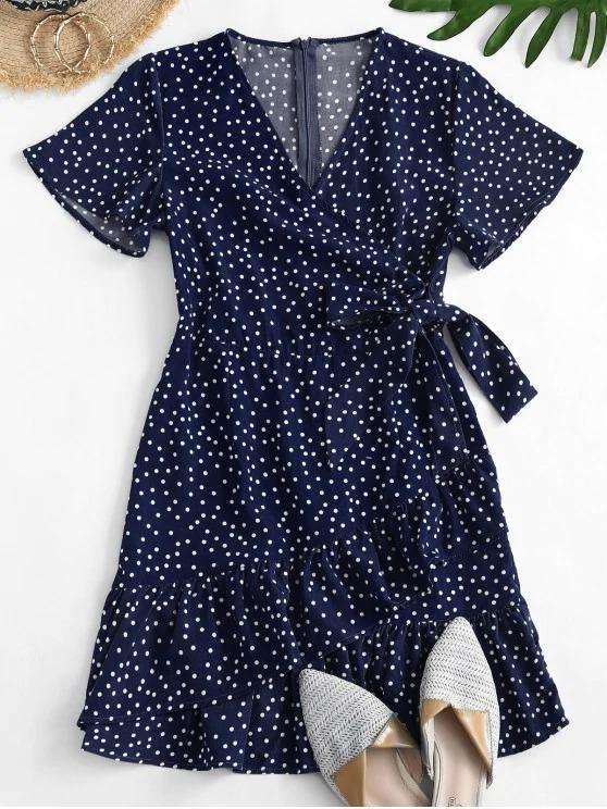 Dotted Tie Waist Ruffles Mini Dress - INS | Online Fashion Free Shipping Clothing, Dresses, Tops, Shoes