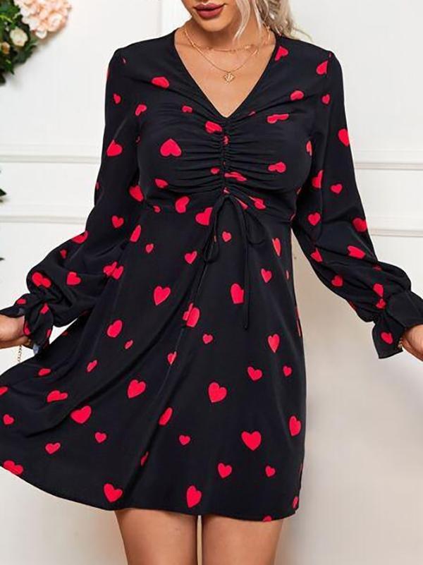 Drawstring Allover Heart Print Dress - Dresses - INS | Online Fashion Free Shipping Clothing, Dresses, Tops, Shoes - 214 - Beach - Black