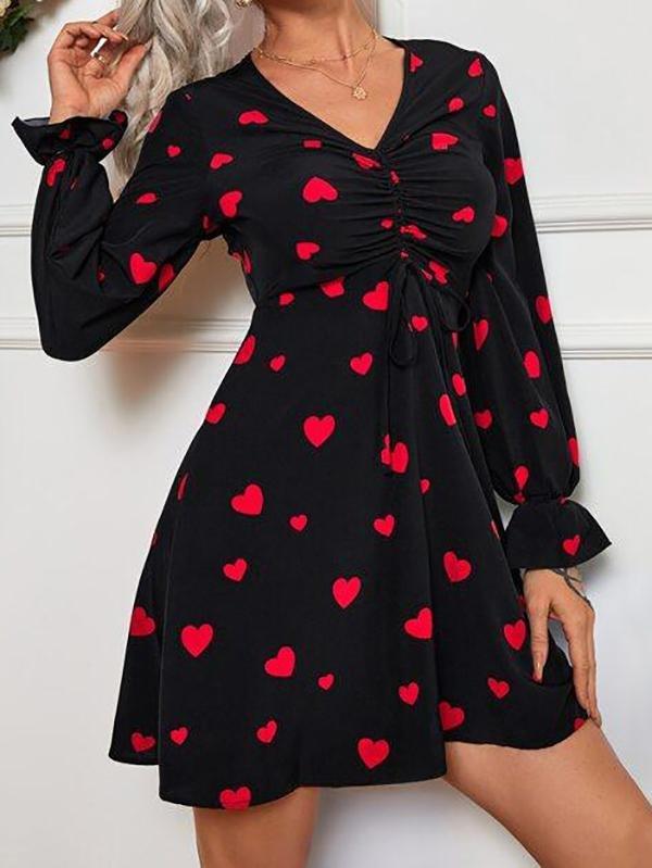 Drawstring Allover Heart Print Dress - Dresses - INS | Online Fashion Free Shipping Clothing, Dresses, Tops, Shoes - 214 - Beach - Black