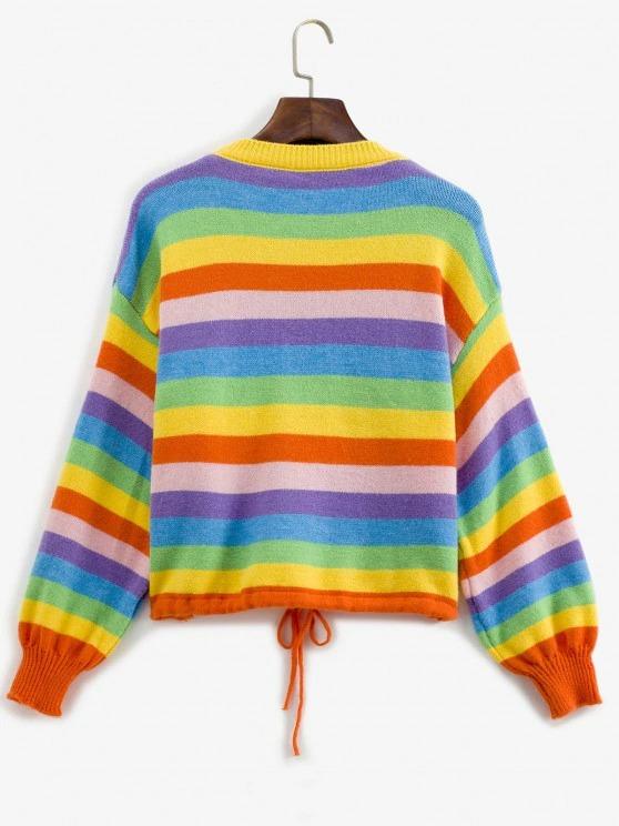 Drawstring Hem Lantern Sleeve Rainbow Stripes Sweater - INS | Online Fashion Free Shipping Clothing, Dresses, Tops, Shoes