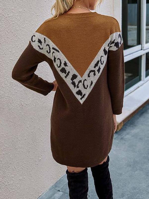 Drop Shoulder Chevron Leopard Sweater Dress - Dresses - INS | Online Fashion Free Shipping Clothing, Dresses, Tops, Shoes - 02/02/2021 - Autumn - Brown