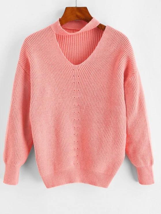 Drop Shoulder Choker Pointelle Knit Sweater - INS | Online Fashion Free Shipping Clothing, Dresses, Tops, Shoes