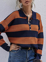 Drop Shoulder Colorblock Half Button Sweater - Sweaters - INS | Online Fashion Free Shipping Clothing, Dresses, Tops, Shoes - 02/07/2021 - Autumn - Casual