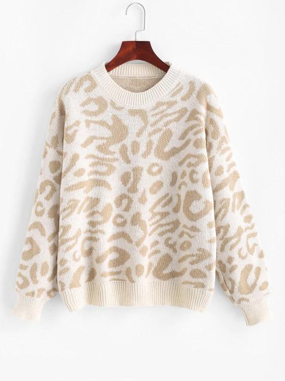 Drop Shoulder Crew Neck Leopard Sweater - INS | Online Fashion Free Shipping Clothing, Dresses, Tops, Shoes