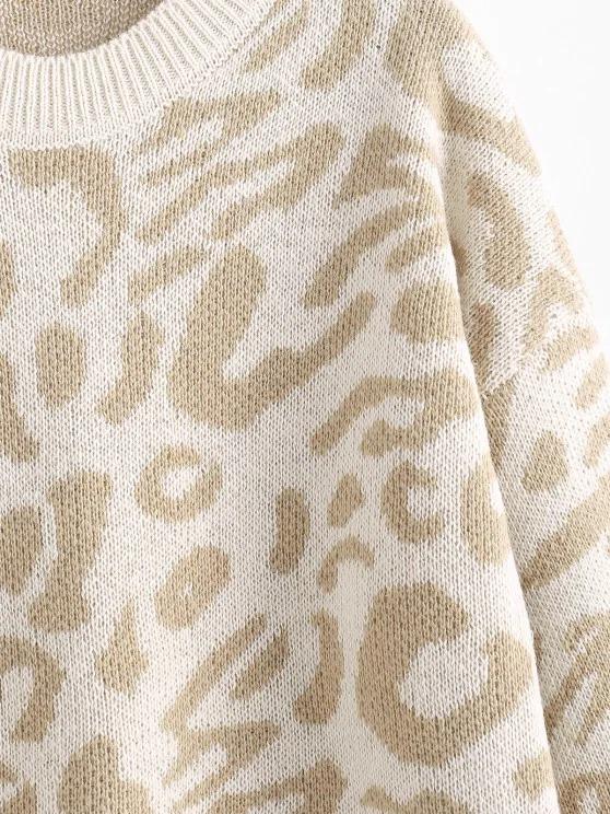 Drop Shoulder Crew Neck Leopard Sweater - INS | Online Fashion Free Shipping Clothing, Dresses, Tops, Shoes