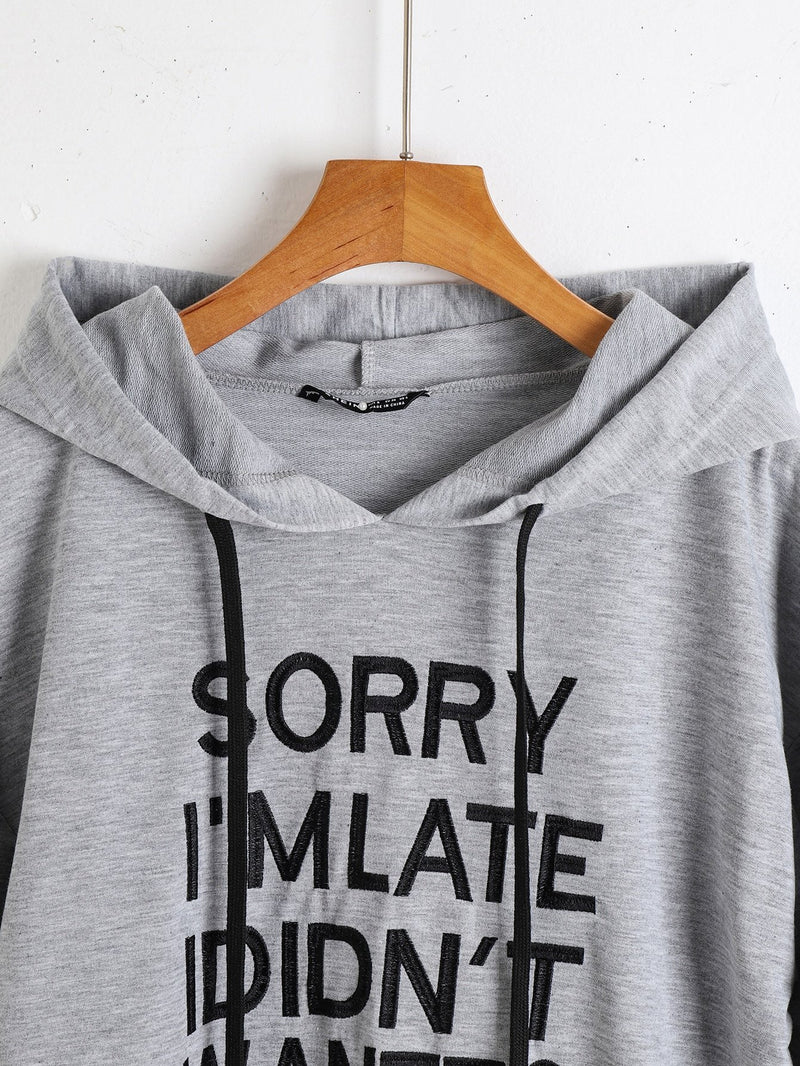 Drop Shoulder Embroidery Slogan Drawstring Hoodie - INS | Online Fashion Free Shipping Clothing, Dresses, Tops, Shoes
