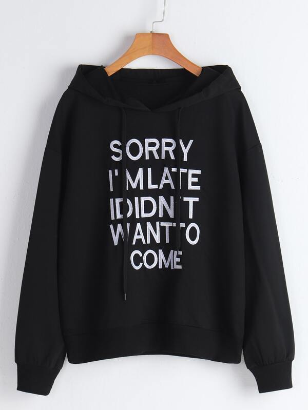 Drop Shoulder Embroidery Slogan Drawstring Hoodie - INS | Online Fashion Free Shipping Clothing, Dresses, Tops, Shoes