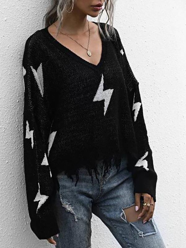 Drop Shoulder Lightning Pattern Frayed Oversized Sweater - Sweaters - INS | Online Fashion Free Shipping Clothing, Dresses, Tops, Shoes - 02/07/2021 - Autumn - Black