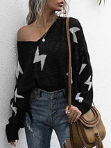 Drop Shoulder Lightning Pattern Frayed Oversized Sweater - Sweaters - INS | Online Fashion Free Shipping Clothing, Dresses, Tops, Shoes - 02/07/2021 - Autumn - Black