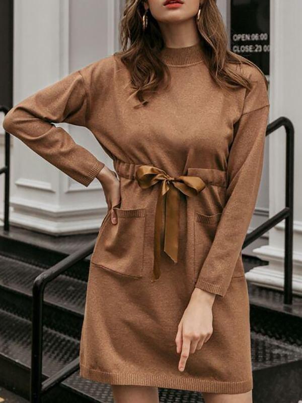 Drop Shoulder Tie Waist Sweater Dress - Dresses - INS | Online Fashion Free Shipping Clothing, Dresses, Tops, Shoes - 02/02/2021 - Autumn - Brown