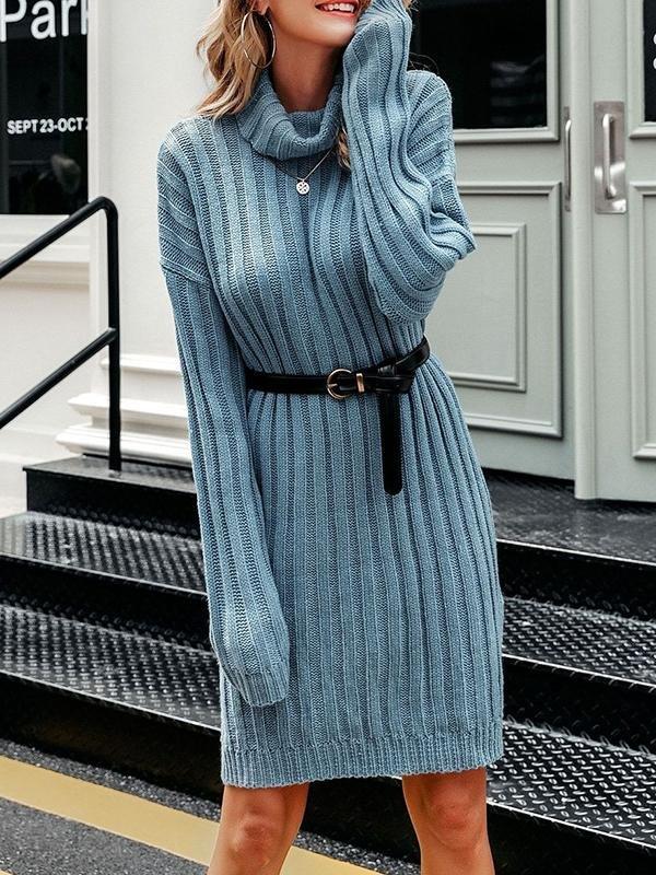 Drop Shoulder Turtleneck Slit Hem Sweater Dress Without Belt - Dresses - INS | Online Fashion Free Shipping Clothing, Dresses, Tops, Shoes - 02/02/2021 - Autumn - Blue