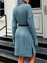 Drop Shoulder Turtleneck Slit Hem Sweater Dress Without Belt - Dresses - INS | Online Fashion Free Shipping Clothing, Dresses, Tops, Shoes - 02/02/2021 - Autumn - Blue