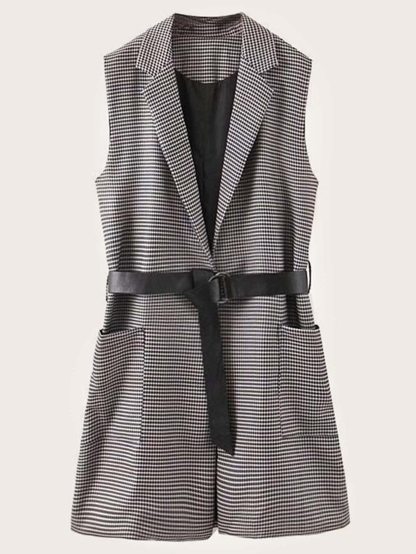 Dual Pockets Belted Houndstooth Blazer Vest - INS | Online Fashion Free Shipping Clothing, Dresses, Tops, Shoes