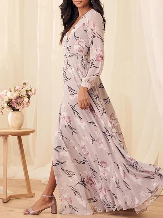 Dusty Purple Floral Print High Split Wrap Maxi Dress - Maxi Dresses - INS | Online Fashion Free Shipping Clothing, Dresses, Tops, Shoes - 14/04/2021 - chiffon-dress - Colour_ Multicolor