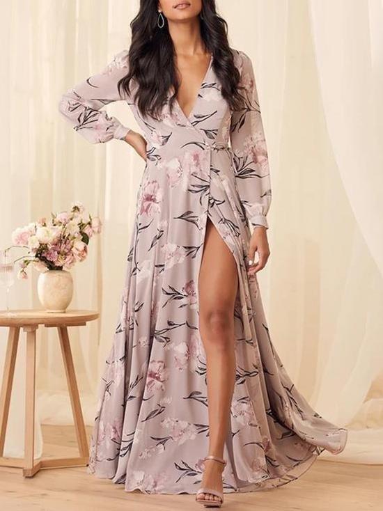 Dusty Purple Floral Print High Split Wrap Maxi Dress - Maxi Dresses - INS | Online Fashion Free Shipping Clothing, Dresses, Tops, Shoes - 14/04/2021 - chiffon-dress - Colour_ Multicolor