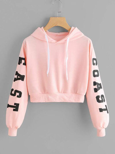 East Coast Graphic Cropped Drawstring Hoodie - INS | Online Fashion Free Shipping Clothing, Dresses, Tops, Shoes