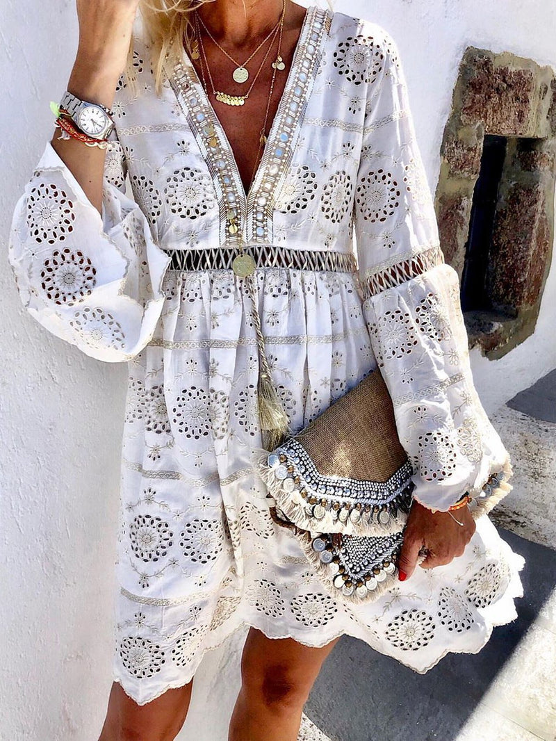 Elegant Lace Solid Color Long-sleeved Dress - Mini Dresses - INS | Online Fashion Free Shipping Clothing, Dresses, Tops, Shoes - 16/06/2021 - 40-50 - color-white