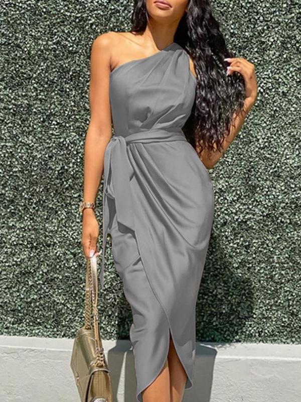 Elegant Slanted Shoulder Sleeveless Long Dress - Midi Dresses - INS | Online Fashion Free Shipping Clothing, Dresses, Tops, Shoes - 10/06/2021 - Color_Black - Color_Gray