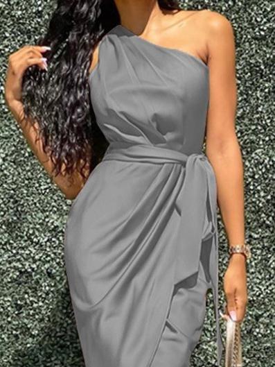 Elegant Slanted Shoulder Sleeveless Long Dress - Midi Dresses - INS | Online Fashion Free Shipping Clothing, Dresses, Tops, Shoes - 10/06/2021 - Color_Black - Color_Gray