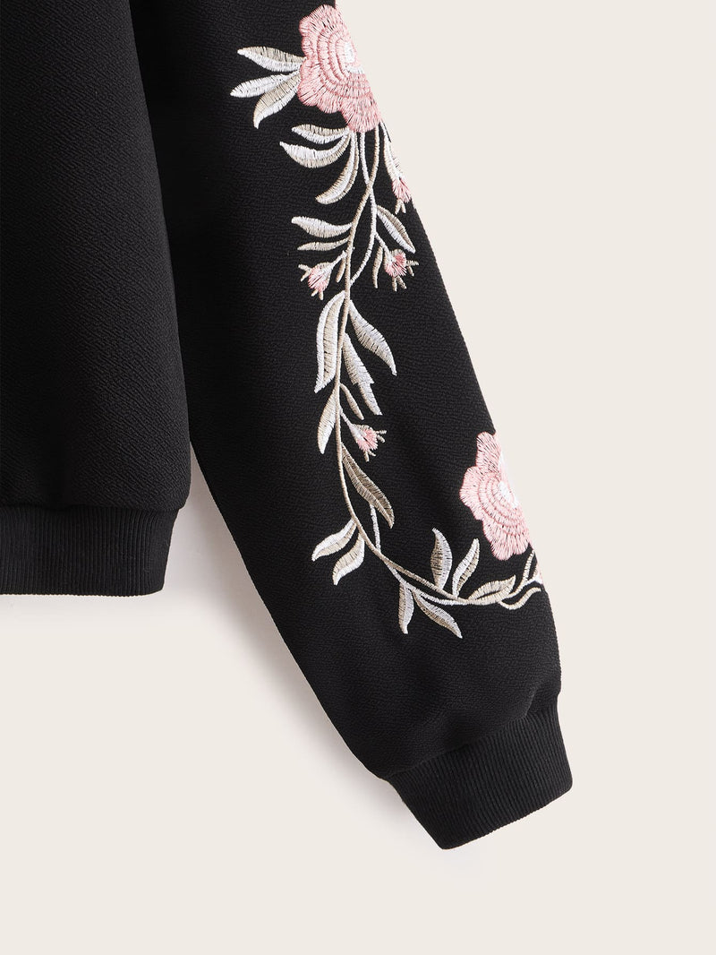 Embroidered Floral Detail O-ring Zip Up Bomber Jacket - INS | Online Fashion Free Shipping Clothing, Dresses, Tops, Shoes