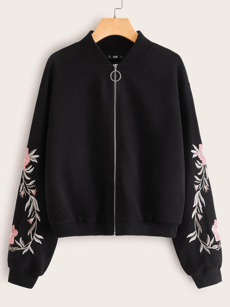 Embroidered Floral Detail O-ring Zip Up Bomber Jacket - INS | Online Fashion Free Shipping Clothing, Dresses, Tops, Shoes