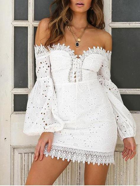 Embroidered Lace One-shoulder Puff Sleeved Mini Dress - Mini Dresses - INS | Online Fashion Free Shipping Clothing, Dresses, Tops, Shoes - 04/13/2021 - Colour_White - DRE210412764