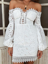 Embroidered Lace One-shoulder Puff Sleeved Mini Dress - Mini Dresses - INS | Online Fashion Free Shipping Clothing, Dresses, Tops, Shoes - 04/13/2021 - Colour_White - DRE210412764