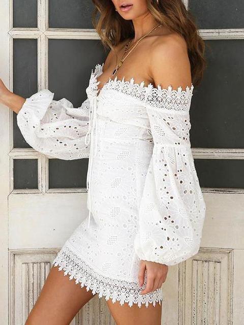 Embroidered Lace One-shoulder Puff Sleeved Mini Dress - Mini Dresses - INS | Online Fashion Free Shipping Clothing, Dresses, Tops, Shoes - 04/13/2021 - Colour_White - DRE210412764