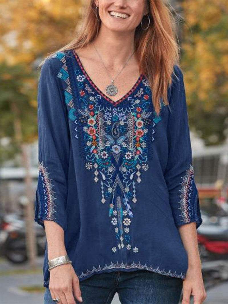 Embroidery Print 3/4 Sleeve V-neck Shirt - T-shirts - INS | Online Fashion Free Shipping Clothing, Dresses, Tops, Shoes - 04/06/2021 - Color_Blue - Color_Gray