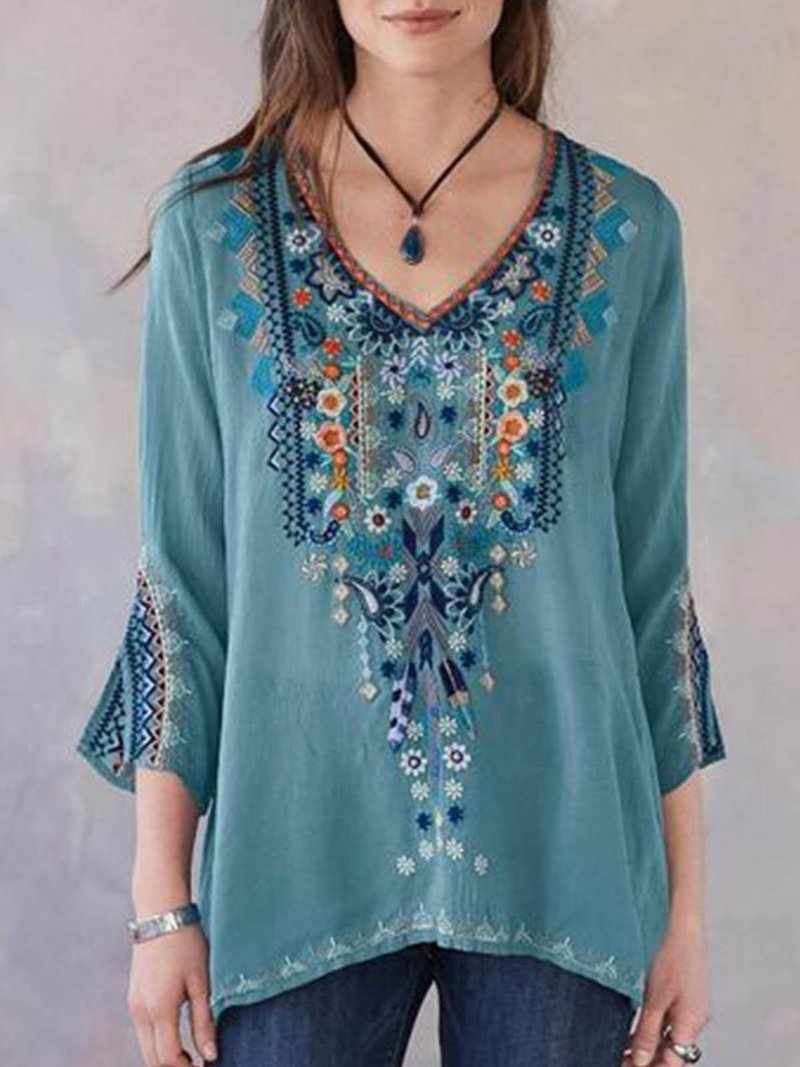 Embroidery Print 3/4 Sleeve V-neck Shirt - T-shirts - INS | Online Fashion Free Shipping Clothing, Dresses, Tops, Shoes - 04/06/2021 - Color_Blue - Color_Gray