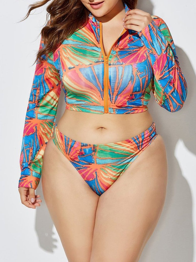 Exotic Printed Bikini Split Swimsuit With Scarf - Plus Swimsuits - INS | Online Fashion Free Shipping Clothing, Dresses, Tops, Shoes - 22/04/2021 - Color_Multi Color - Plus Swimsuits