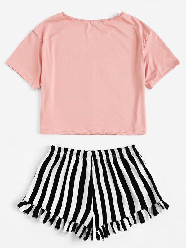 Eye and Letter Graphic Top & Ruffle Striped Shorts PJ Set - INS | Online Fashion Free Shipping Clothing, Dresses, Tops, Shoes