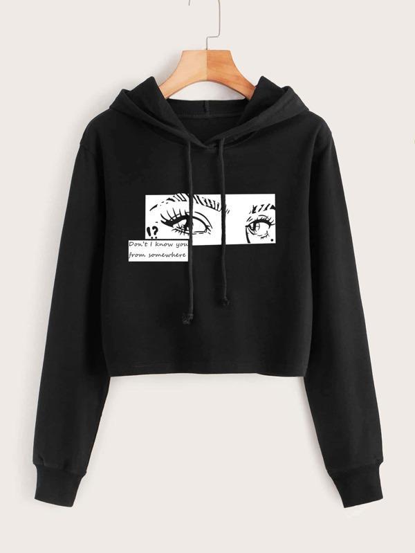 Eye And Slogan Graphic Drawstring Hoodie - INS | Online Fashion Free Shipping Clothing, Dresses, Tops, Shoes