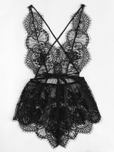 Eyelash Lace Plunging Sleep Romper - INS | Online Fashion Free Shipping Clothing, Dresses, Tops, Shoes