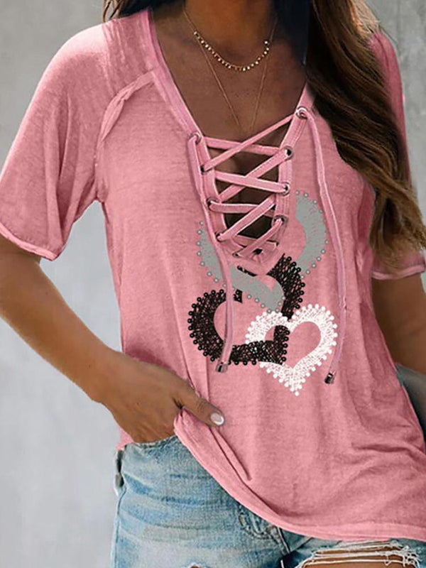 Eyelet Lace-up Heart Print Short Sleeve T-shirt - T-Shirts - INS | Online Fashion Free Shipping Clothing, Dresses, Tops, Shoes - 27/04/2021 - Color_Pink - Season_Summer