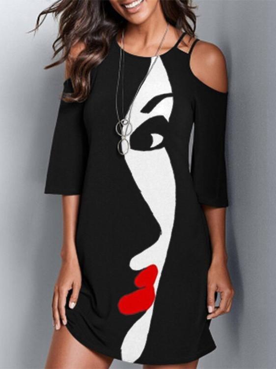 Face Print Off-the-shoulder Mid-sleeve Dress - Mini Dresses - INS | Online Fashion Free Shipping Clothing, Dresses, Tops, Shoes - 06/07/2021 - 20-30 - color-black