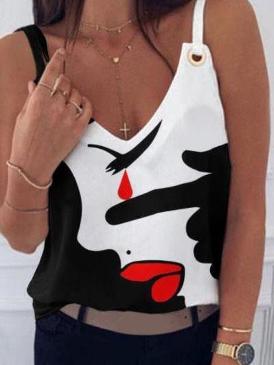 Face Printed V-Neck Sleeveless Casual Tank Tops - Tank Tops - INS | Online Fashion Free Shipping Clothing, Dresses, Tops, Shoes - 09/07/2021 - 10-20 - Category_Tank Tops