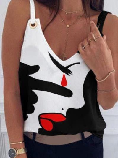 Face Printed V-Neck Sleeveless Casual Tank Tops - Tank Tops - INS | Online Fashion Free Shipping Clothing, Dresses, Tops, Shoes - 09/07/2021 - 10-20 - Category_Tank Tops