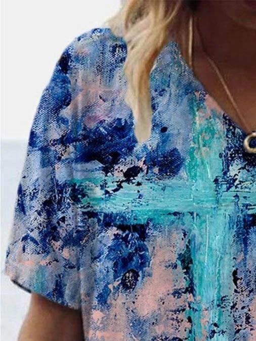 Fashion Cross Print V-neck T-shirt - T-shirts - INS | Online Fashion Free Shipping Clothing, Dresses, Tops, Shoes - 08/06/2021 - Color_Blue - Color_Green