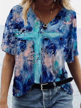 Fashion Cross Print V-neck T-shirt - T-shirts - INS | Online Fashion Free Shipping Clothing, Dresses, Tops, Shoes - 08/06/2021 - Color_Blue - Color_Green