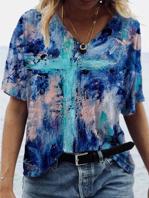 Fashion Cross Print V-neck T-shirt - T-shirts - INS | Online Fashion Free Shipping Clothing, Dresses, Tops, Shoes - 08/06/2021 - Color_Blue - Color_Green