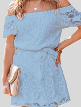 Fashion Embroidered Lace Short-sleeved One-neck Dress - Mini Dresses - INS | Online Fashion Free Shipping Clothing, Dresses, Tops, Shoes - 05/06/2021 - Color_Blue - Color_Pink