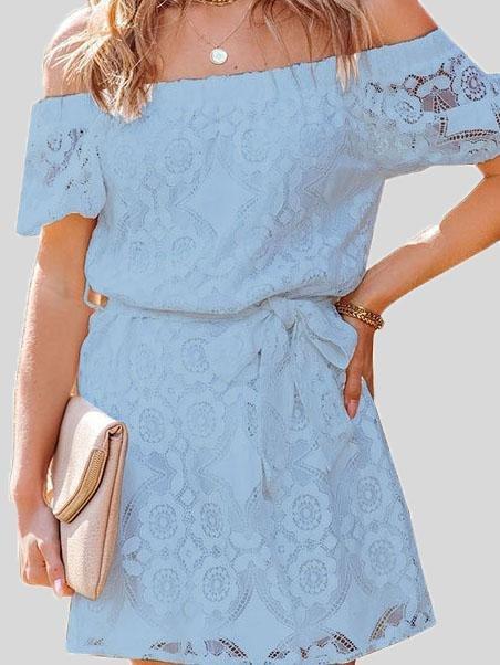 Fashion Embroidered Lace Short-sleeved One-neck Dress - Mini Dresses - INS | Online Fashion Free Shipping Clothing, Dresses, Tops, Shoes - 05/06/2021 - Color_Blue - Color_Pink