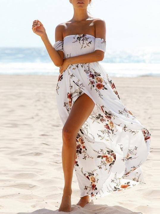 Fashion Floral Printed Off Shoulder Short Sleeve Maxi Dress - Maxi Dresses - INS | Online Fashion Free Shipping Clothing, Dresses, Tops, Shoes - 20/05/2021 - Color_Khaki - Color_White