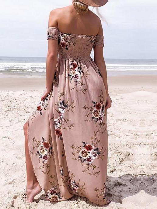 Fashion Floral Printed Off Shoulder Short Sleeve Maxi Dress - Maxi Dresses - INS | Online Fashion Free Shipping Clothing, Dresses, Tops, Shoes - 20/05/2021 - Color_Khaki - Color_White
