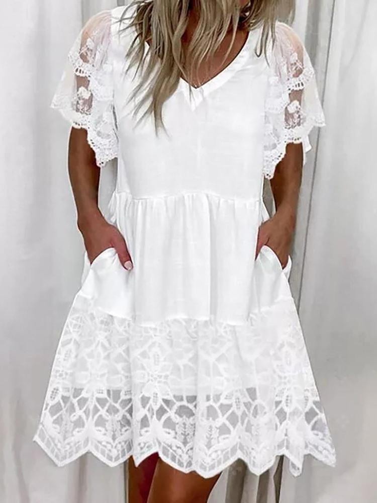 Fashion Lace Short Sleeve Pocket Dress - Mini Dresses - INS | Online Fashion Free Shipping Clothing, Dresses, Tops, Shoes - 16/06/2021 - 30-40 - color-white