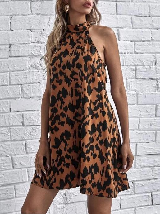 Fashion Leopard Print Sleeveless Halterneck Dress - Mini Dresses - INS | Online Fashion Free Shipping Clothing, Dresses, Tops, Shoes - 11/06/2021 - Color_Brown - DRE2106110382