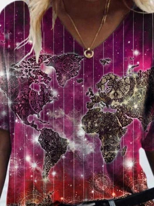 Fashion Map Printed V-neck Short-sleeved T-shirt - T-shirts - INS | Online Fashion Free Shipping Clothing, Dresses, Tops, Shoes - 07/06/2021 - Color_Purple - Color_Red
