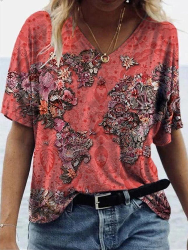 Fashion Map Printed V-neck Short-sleeved T-shirt - T-shirts - INS | Online Fashion Free Shipping Clothing, Dresses, Tops, Shoes - 07/06/2021 - Color_Purple - Color_Red