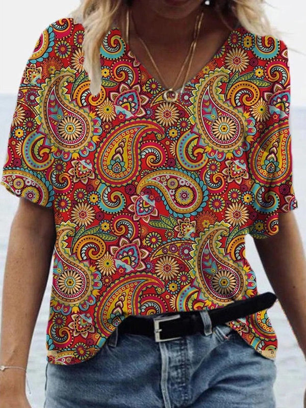 Fashion Paisley Print V-neck T-shirt - T-shirts - INS | Online Fashion Free Shipping Clothing, Dresses, Tops, Shoes - 08/06/2021 - Color_Red - Size_2XL